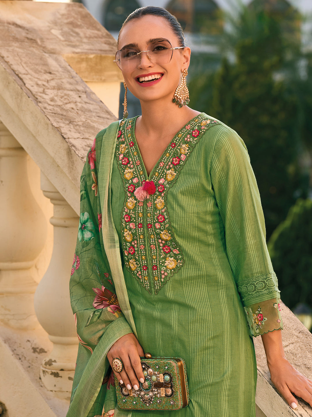 IE Green Embroidered Straight Kurta Trousers With Dupatta set