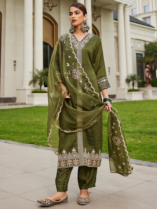 IE Green Embroidered Straight Kurta Trousers With Dupatta Set