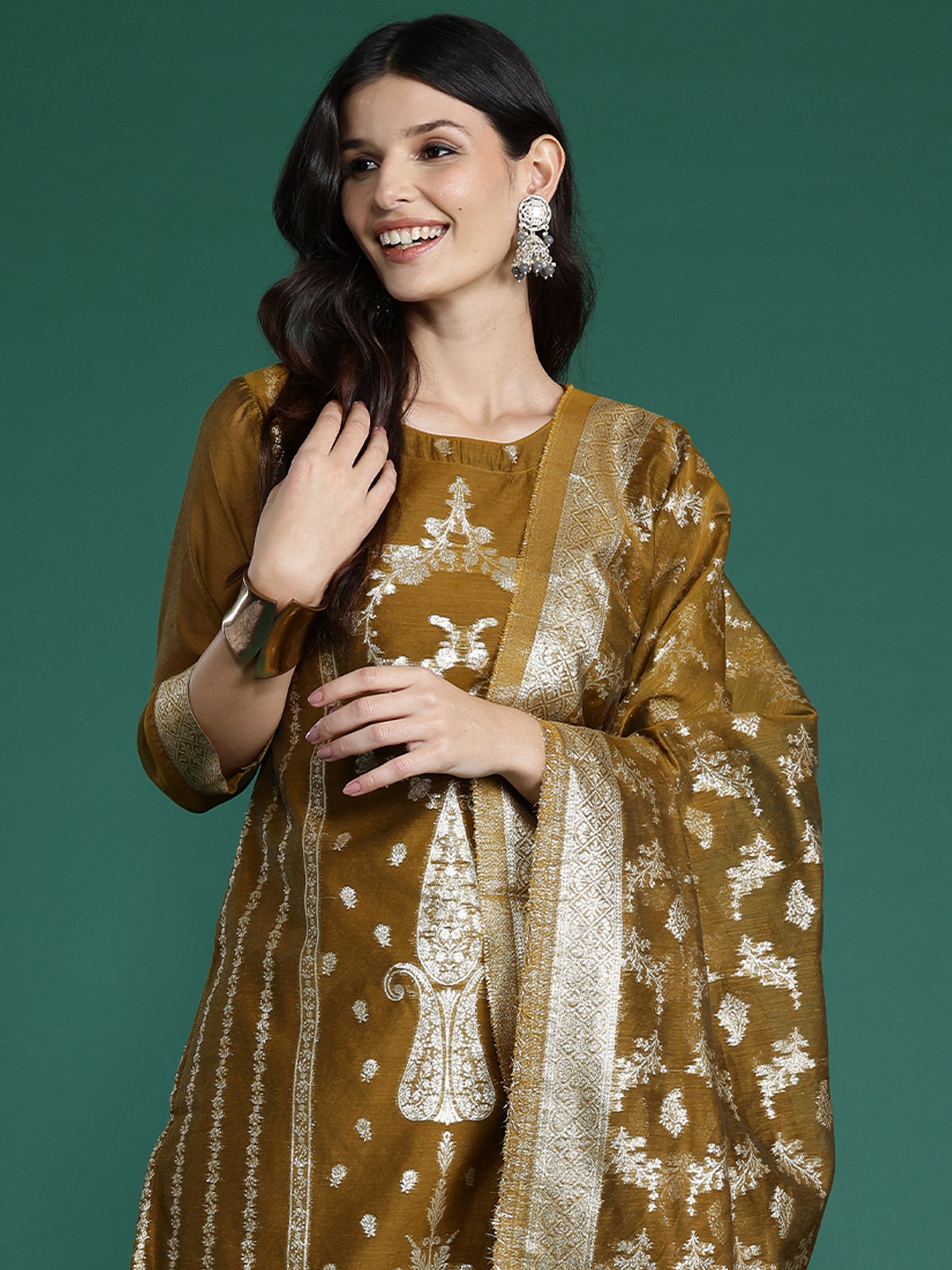 IE Mustard Woven Design Straight Kurta Trousers With Dupatta  Set