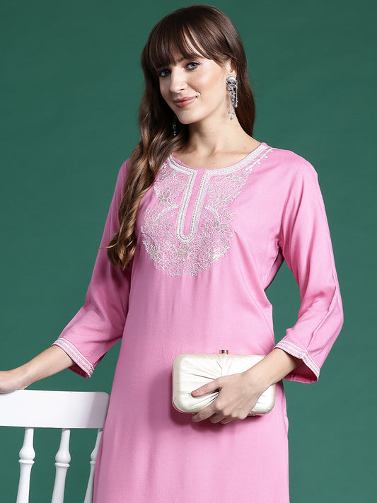 IE Pink Embroidered Straight Kurtas