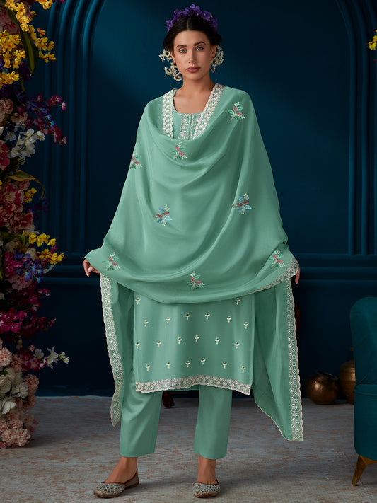 IE Green Straight Embroidered Kurta Trousers With Dupatta Set