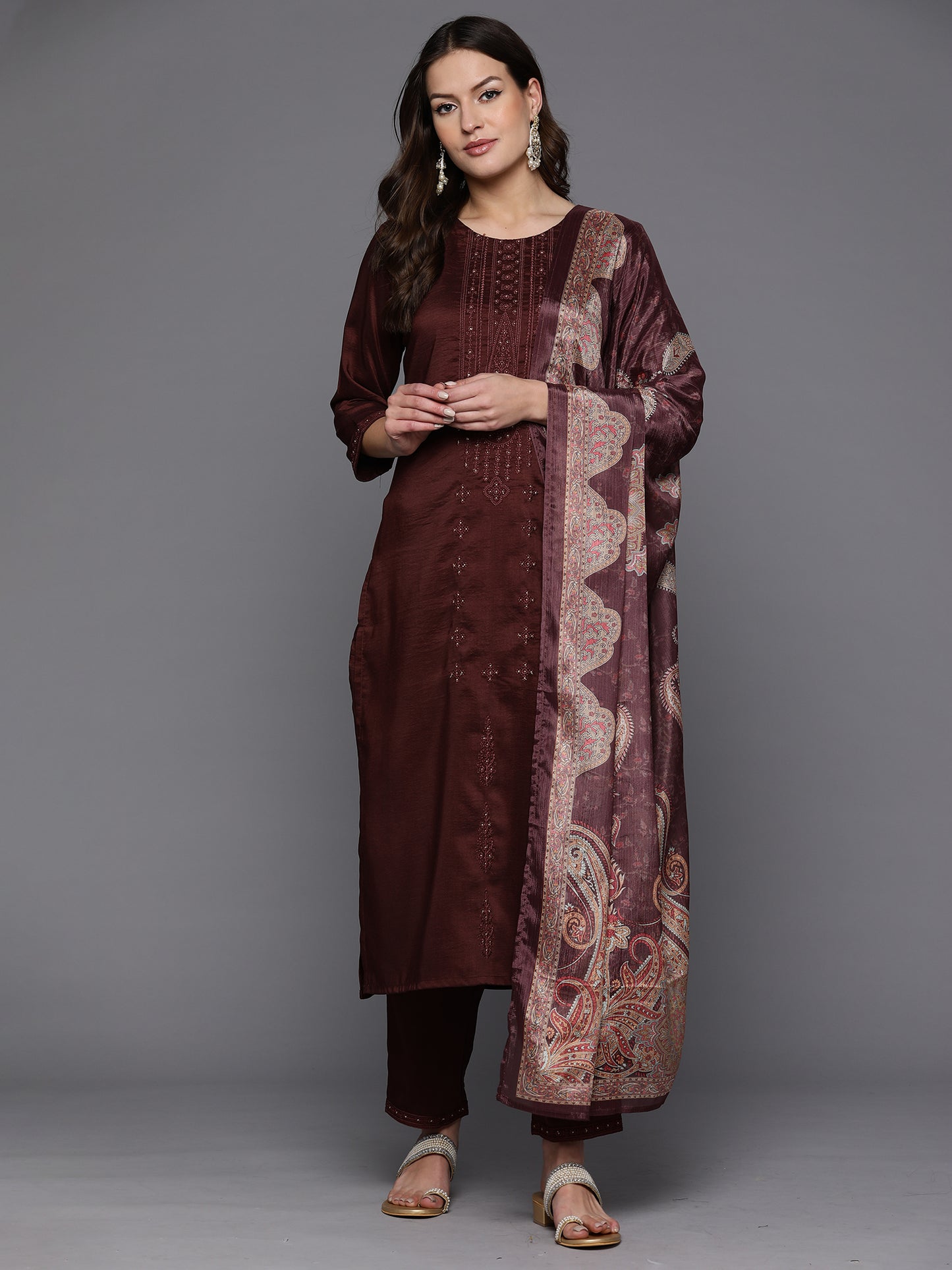 IE Burgundy Embroidered Straight Kurta Trousers With Dupatta set