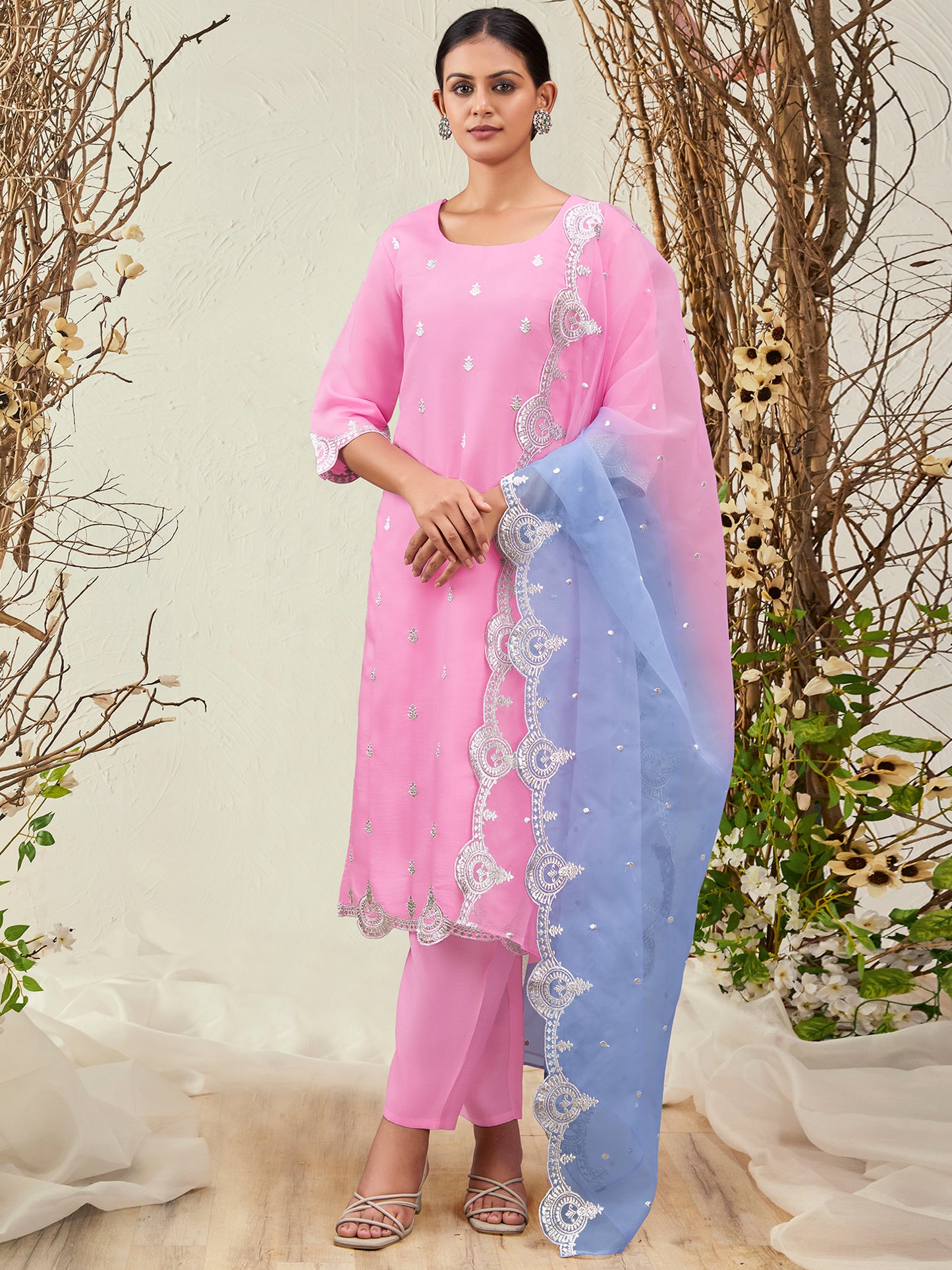 IE Pink Straight Embroidered Kurta Trousers With Dupatta Set