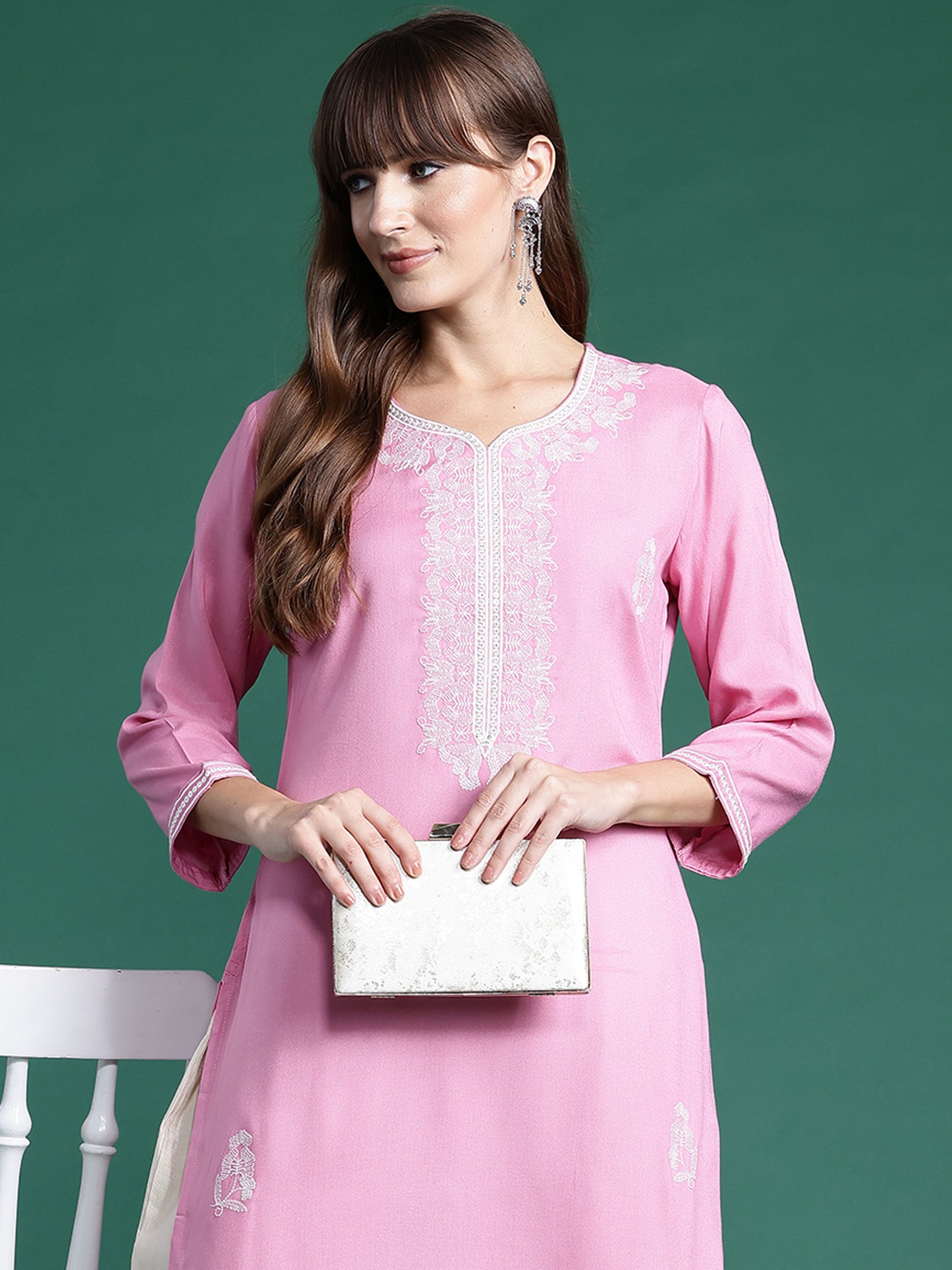 IE Pink Embroidered Straight Kurtas