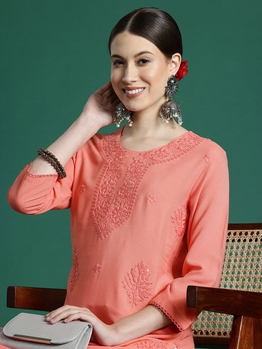 IE Peach Embroidered Straight Kurtas