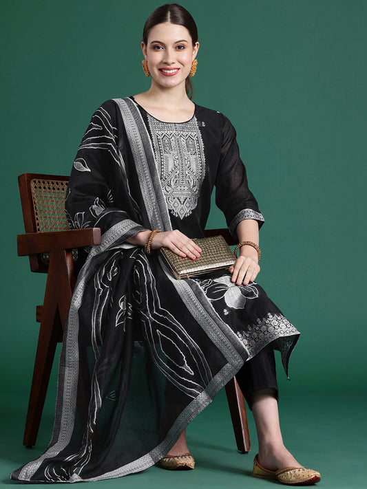 IE Black Woven Design Straight Kurta Trousers set