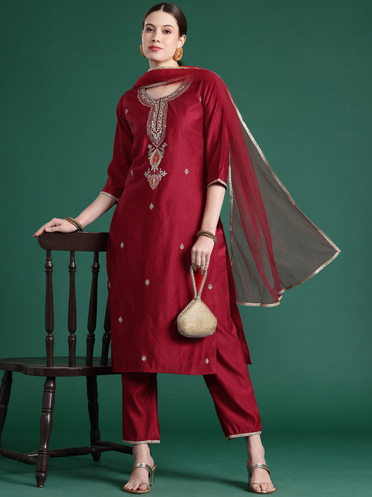 IE Red Embroidered Straight Kurta Trousers With Dupatta  Set