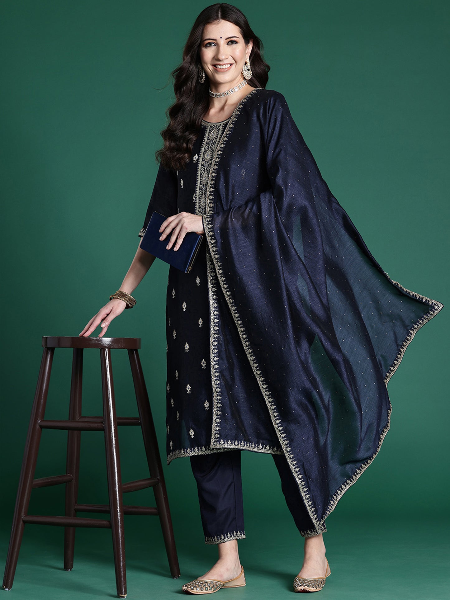 IE Navy Blue Embroidered Straight Kurta Trousers With Dupatta set