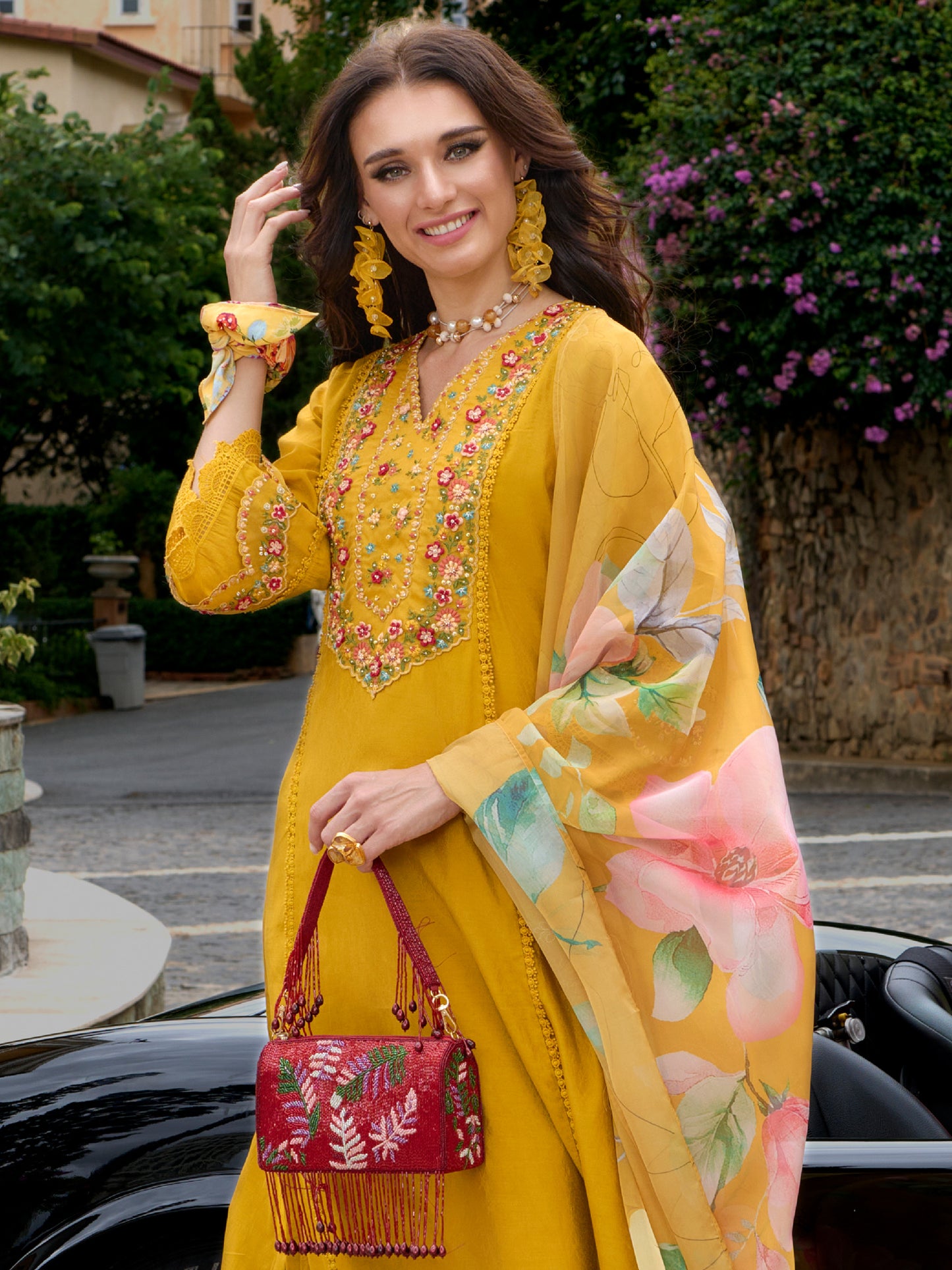 IE Mustard Embroidered A-Line Kurta Trousers With Dupatta Set