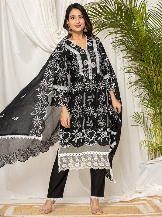 IE Black Embroidered Straight Kurta Trousers With Dupatta set