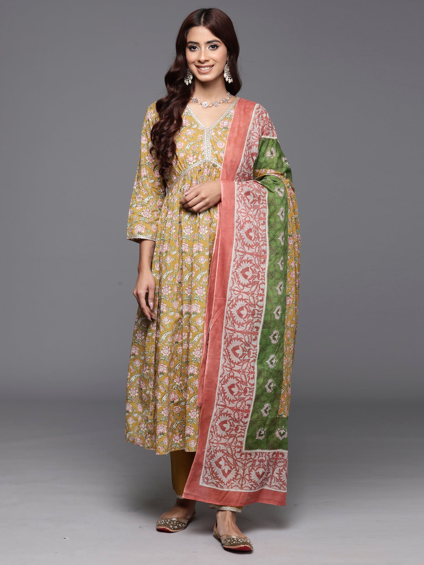 IE Green Printed A-Line Kurta Trousers With Dupatta Set