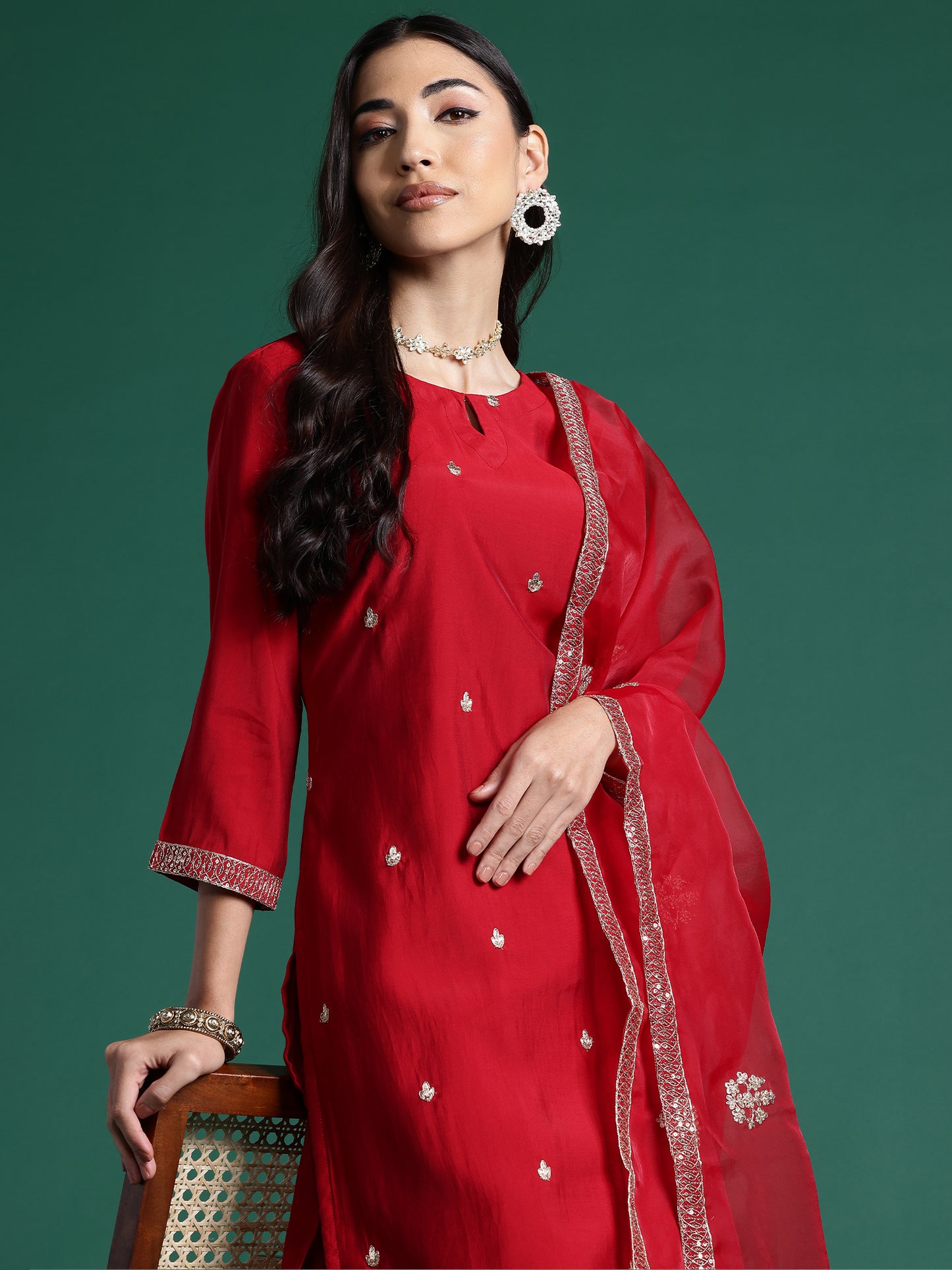 IE Red Embroidered Straight Kurta Palazzos With Dupatta set