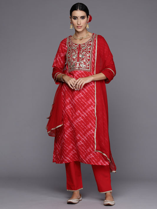 IE Red Embroidered Straight Kurta Palazzos With Dupatta Set