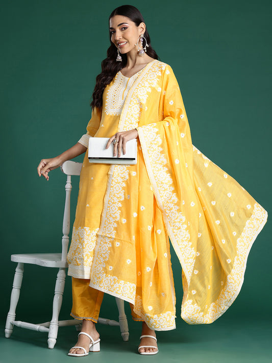 IE Yellow Woven Design Straight Kurta Trousers With Dupatta set