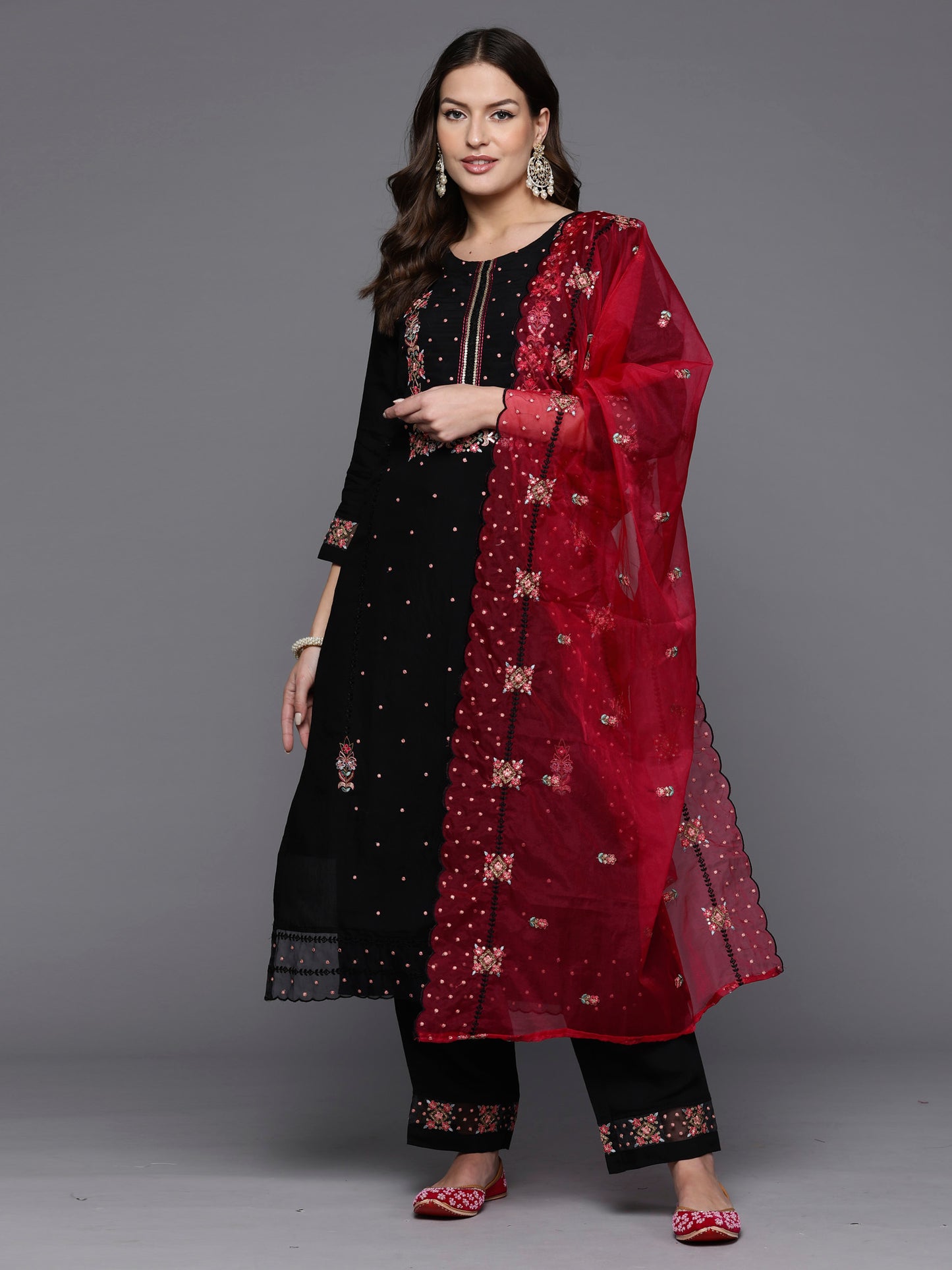 IE Black Embroidered Straight Kurta Trousers With Dupatta set