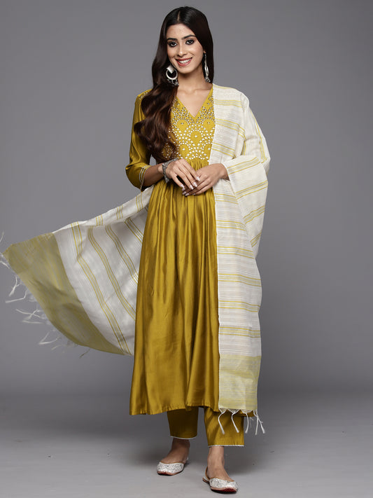 IE Olive Embroidered A-Line Kurta Trousers With Dupatta Set