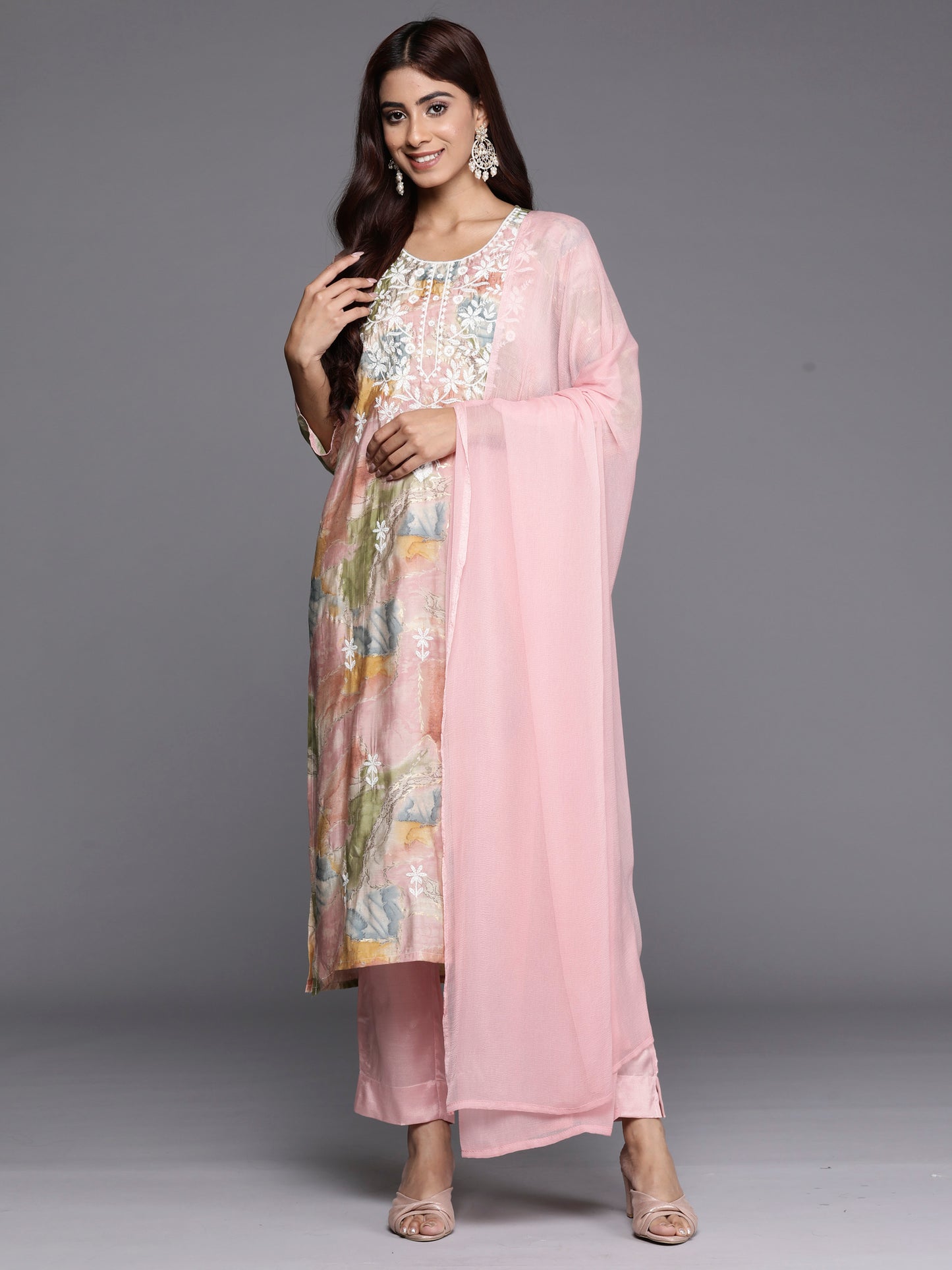 IE Multi Embroidered Straight Kurta Trousers With Dupatta set