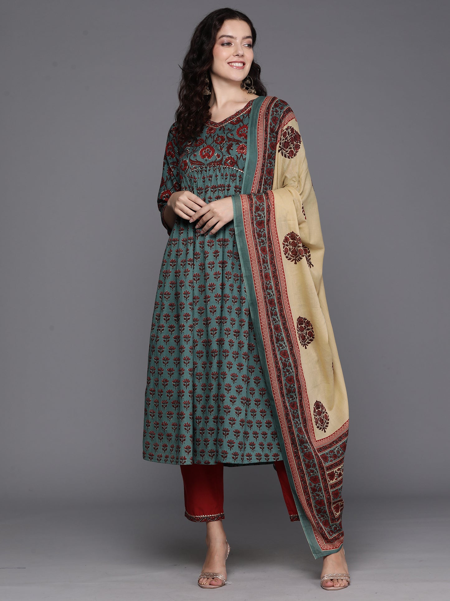 IE Teal Printed A-Line Kurta Trousers With Dupatta Set