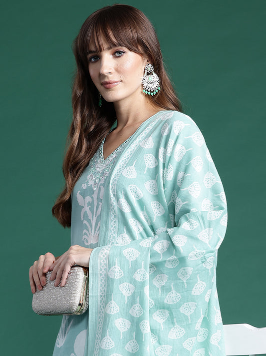 IE Green Printed Straight Kurta Trousers With Dupatta set