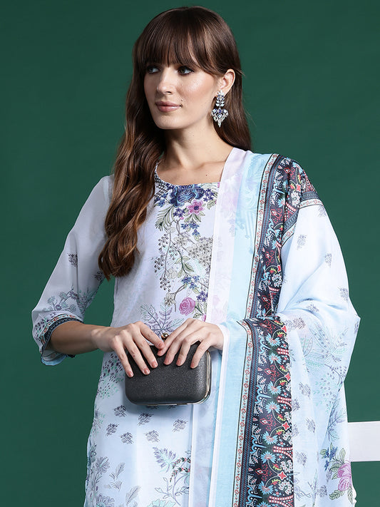 IE Blue Printed Straight Kurta Trousers With Dupatta set