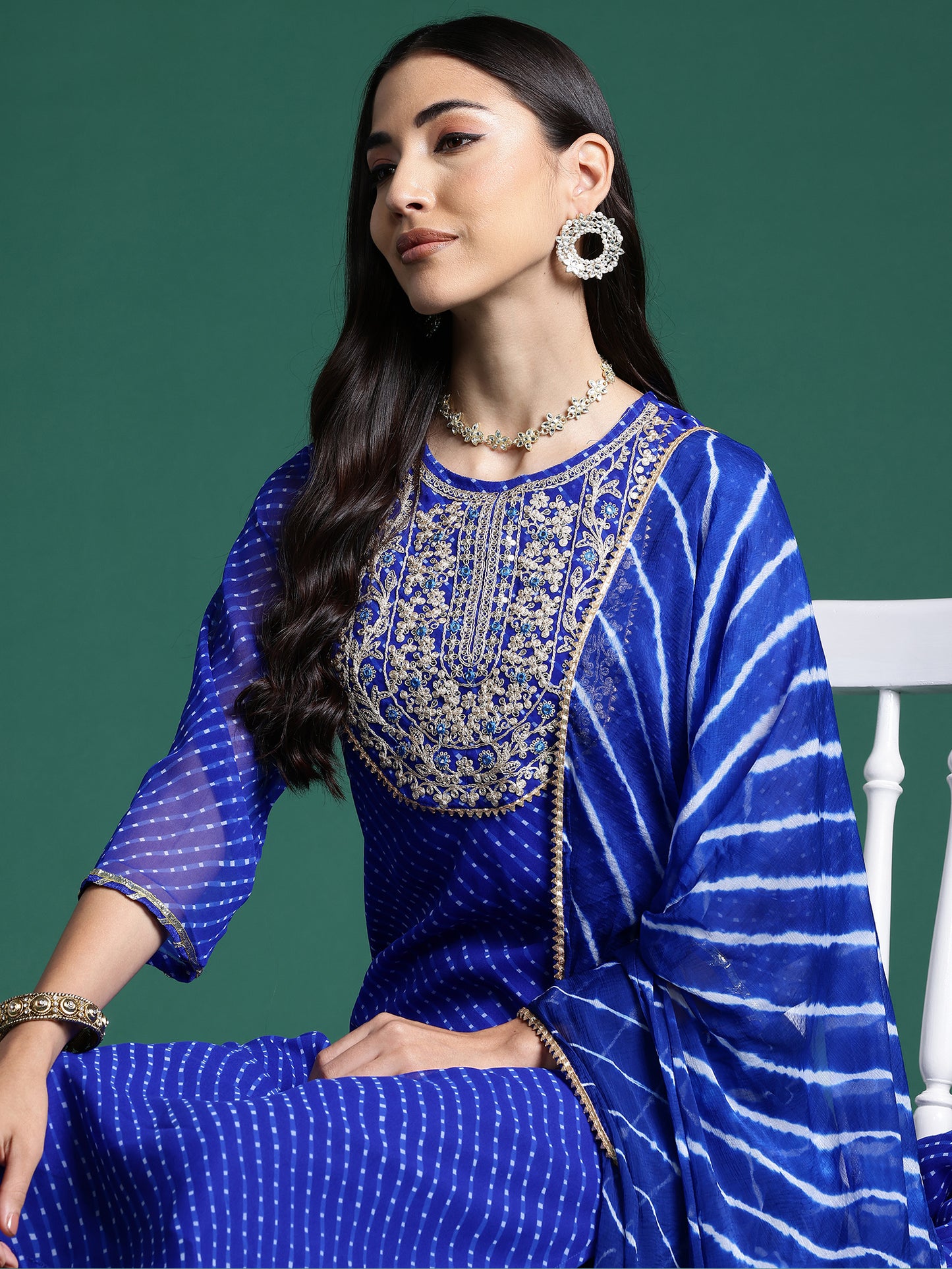 IE  Blue Printed Straight Kurta Trousers With Dupatta set