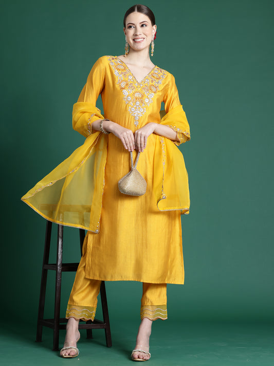 IE Yellow Embroidered Straight Kurta Trousers With Dupatta set