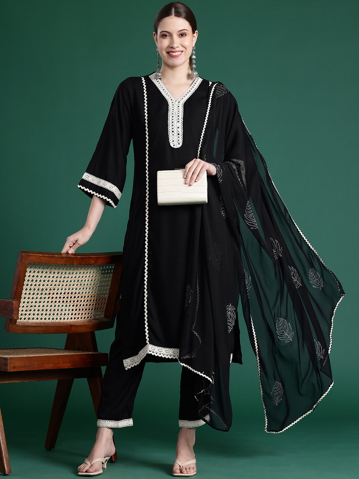 IE Black Embroidered Straight Kurta Trousers With Dupatta set