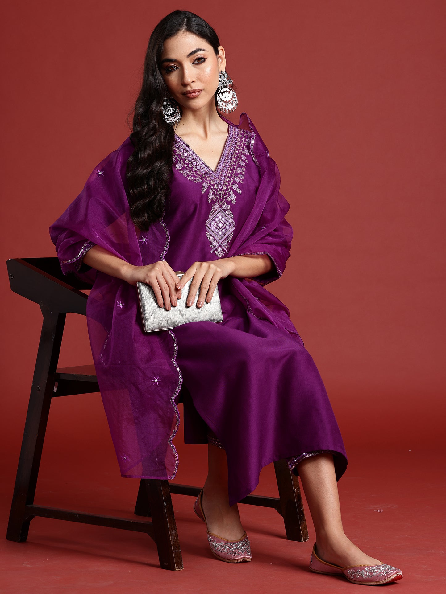 IE Purple Embroidered Straight Kurta Trousers With Dupatta set