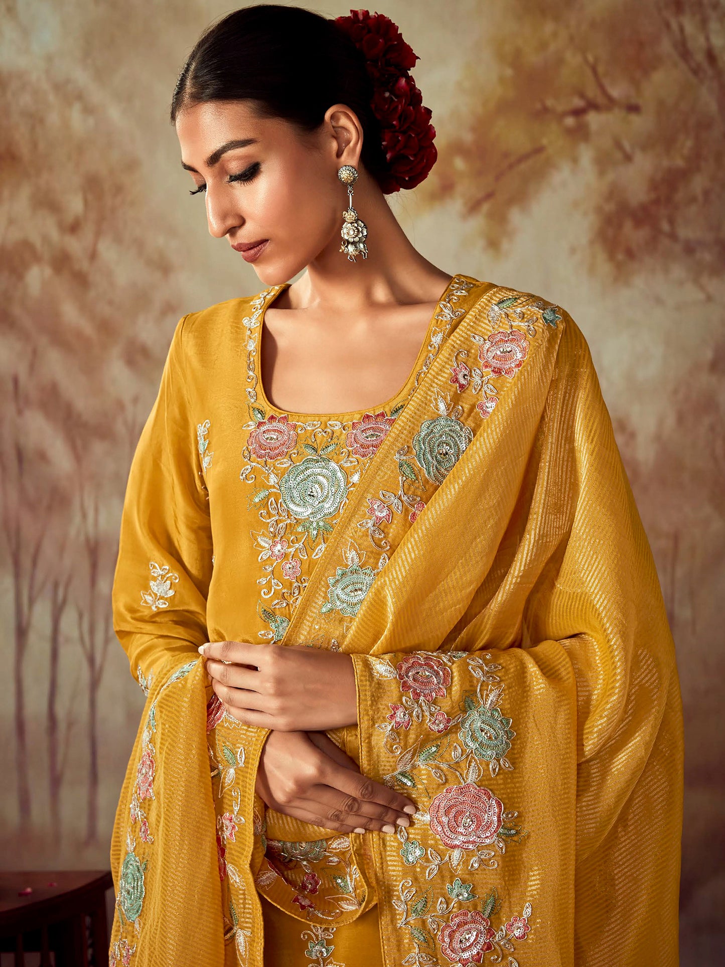 IE Mustard Embroidered Straight Kurta Trousers With Dupatta set