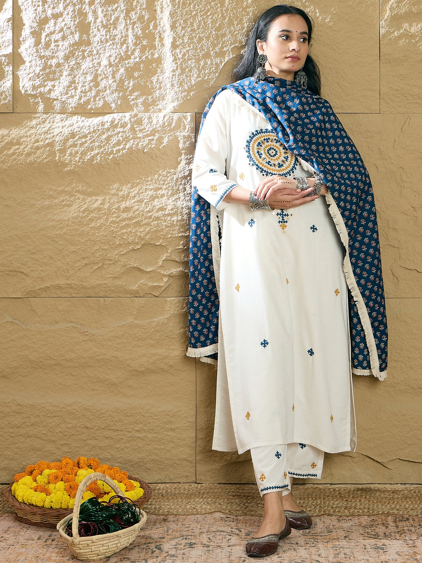 IE Cream Embroidered Straight Kurta Trousers With Dupatta Set