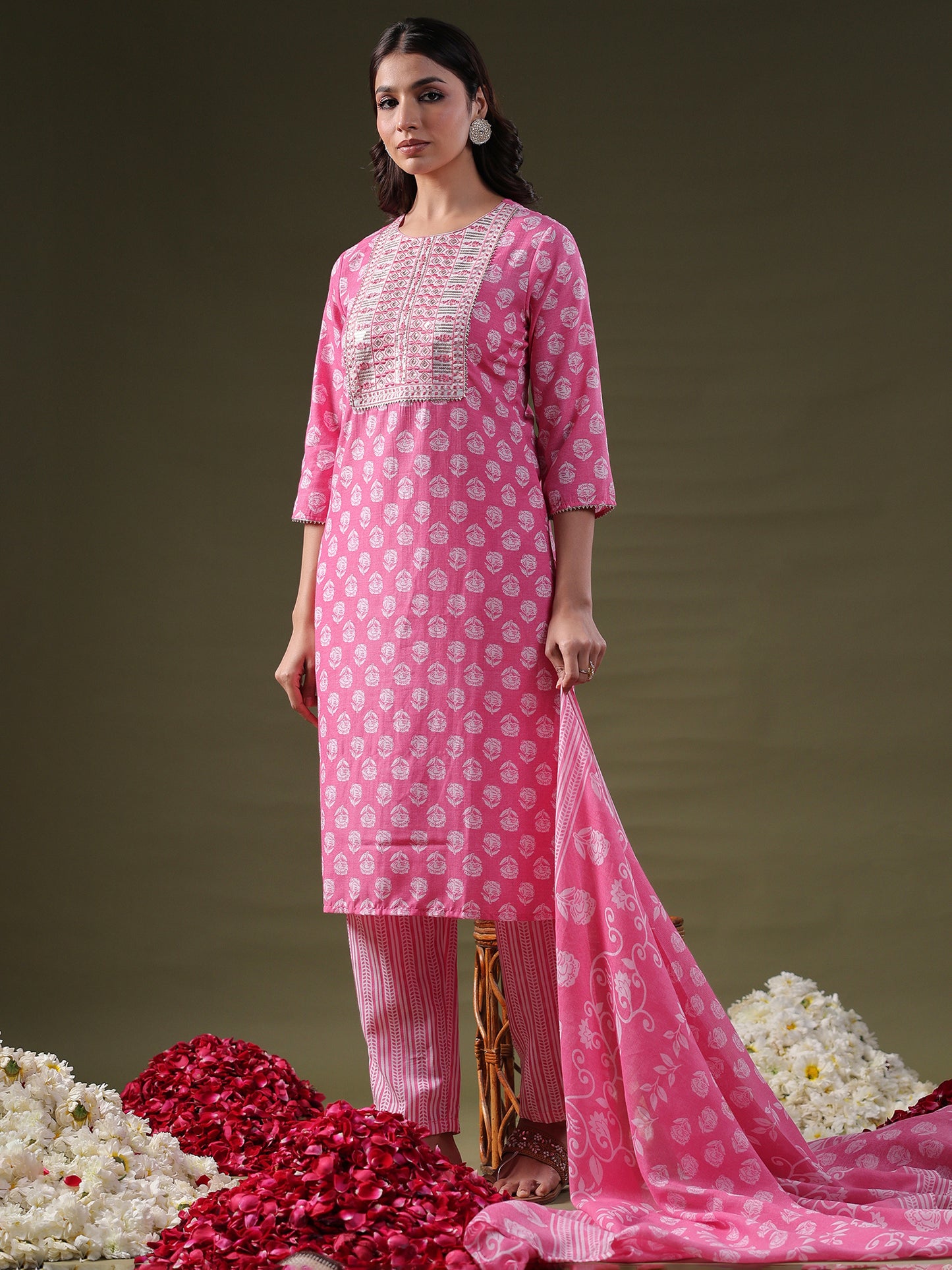 IE Pink Printed Straight Kurta Trousers With Dupatta Set