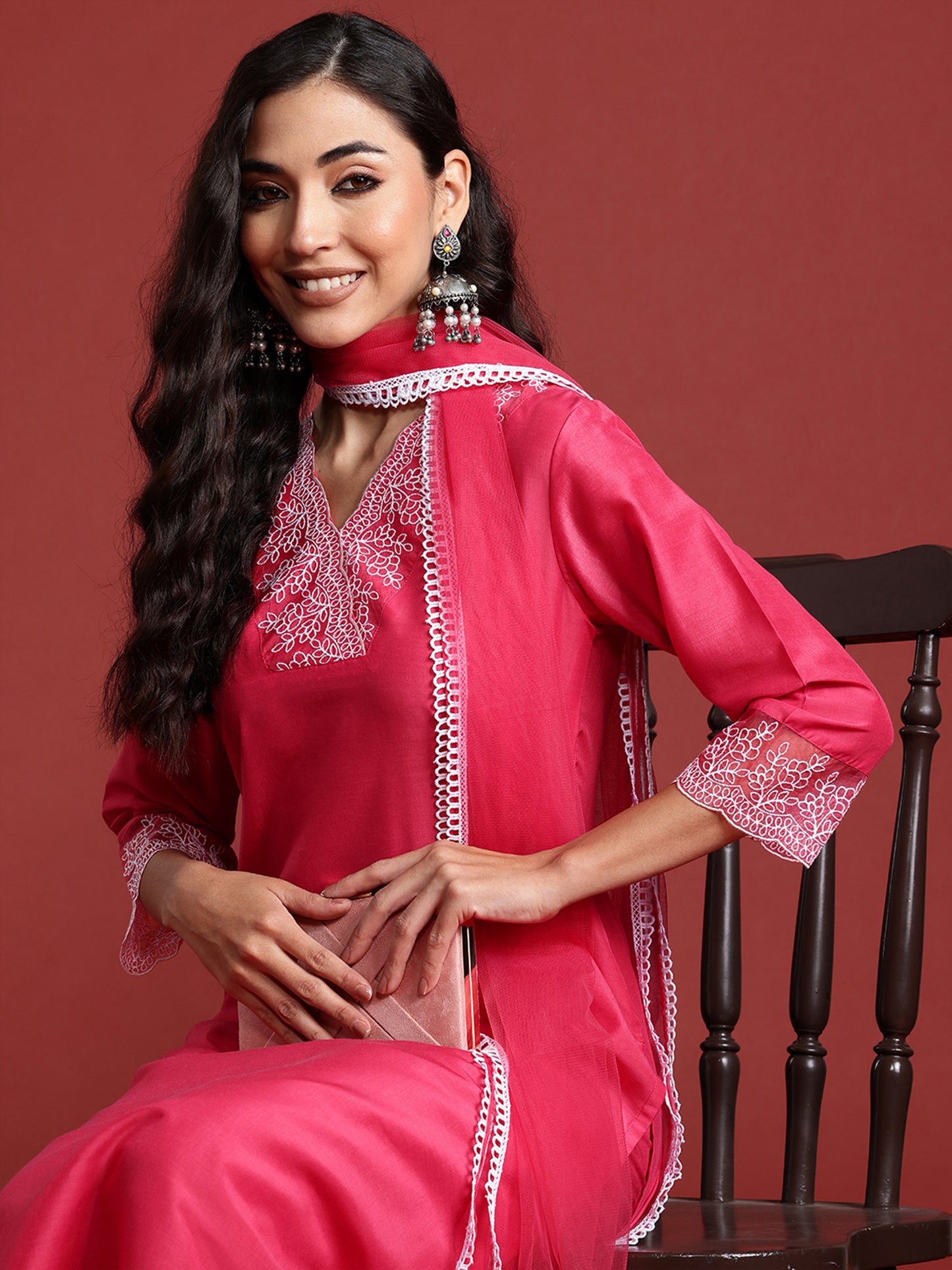 IE Pink Embroidered Straight Kurta Trousers With Dupatta set