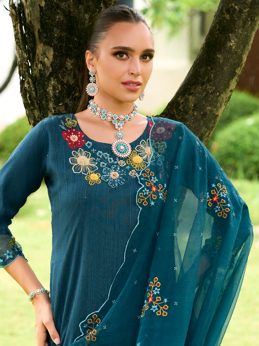 IE Teal Embroidered Straight Kurta Trousers With Dupatta set