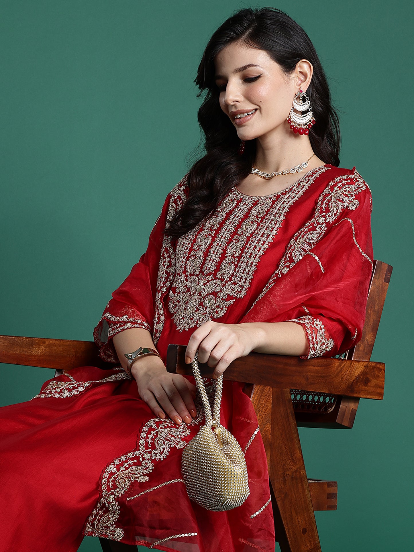 IE Red Embroidered Straight Kurta Trousers With Dupatta set