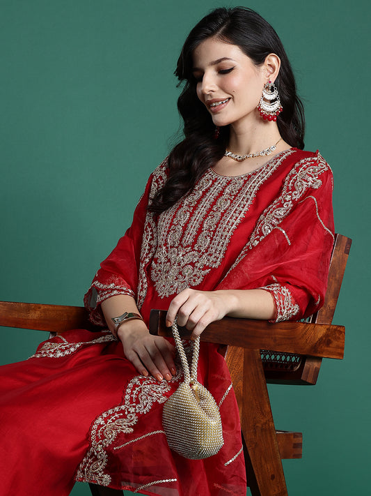 IE Red Embroidered Straight Kurta Trousers With Dupatta set