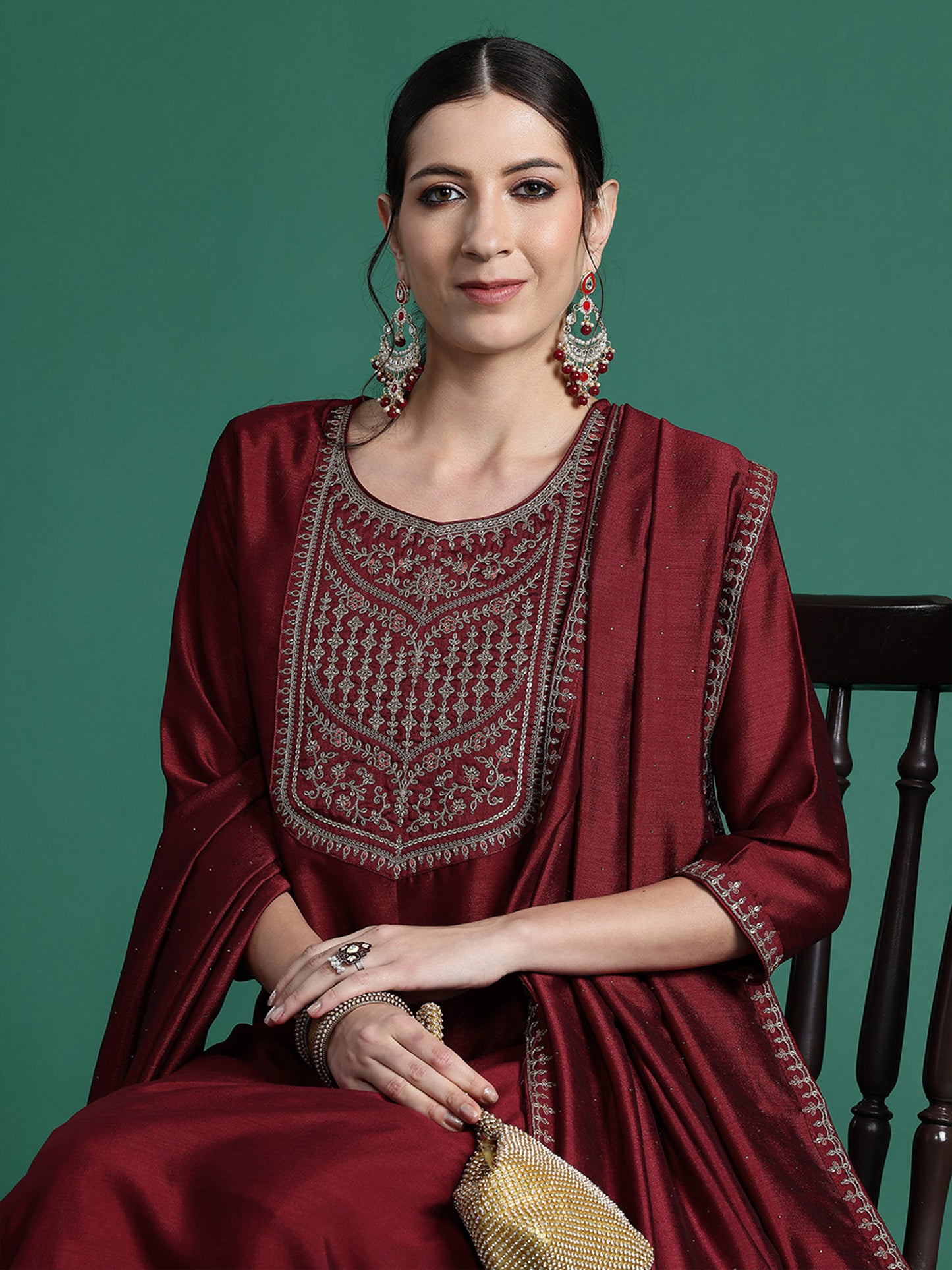 IE Maroon Embroidered Straight Kurta Trousers With Dupatta set