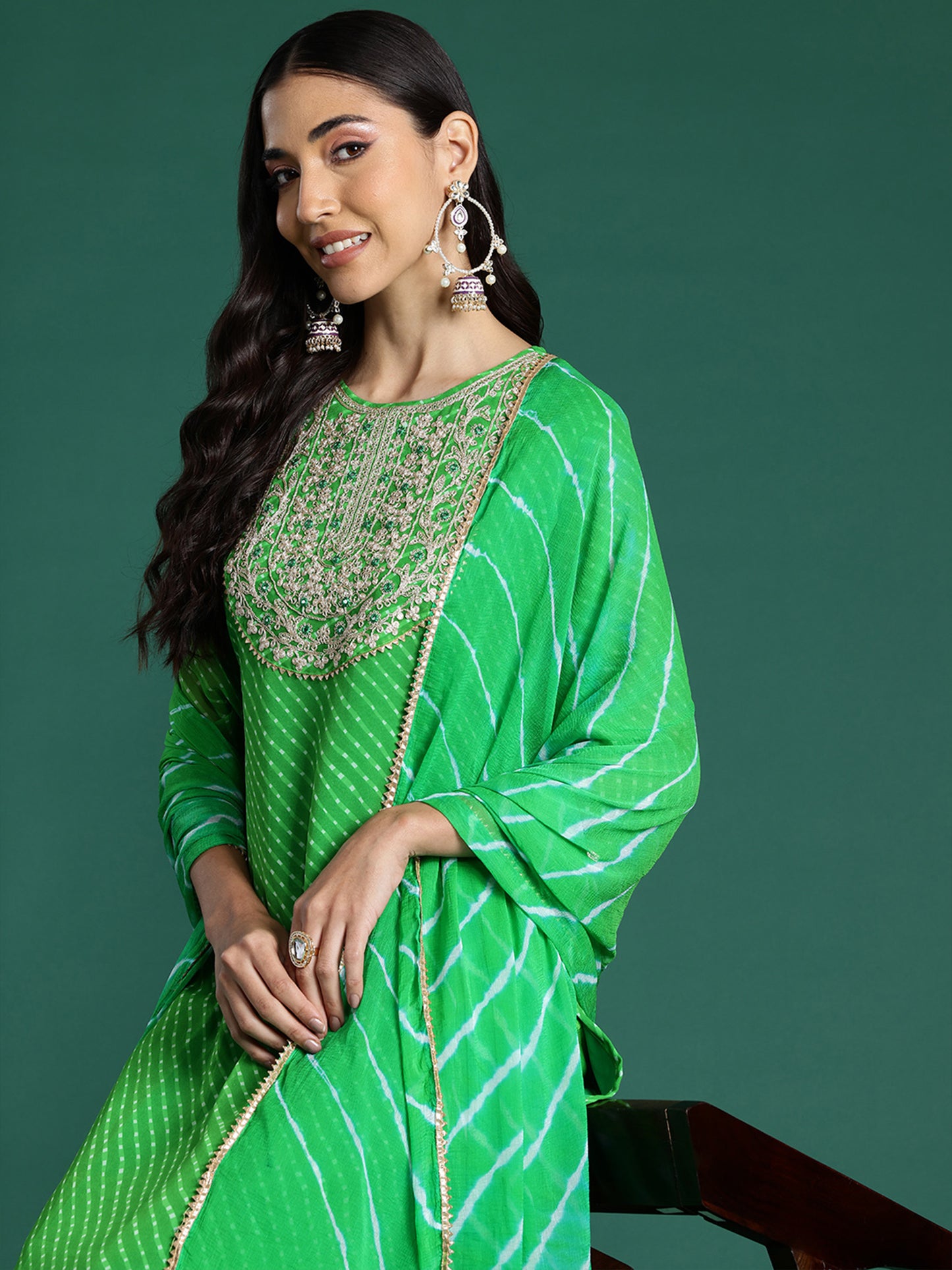 IE Green Printed Straight Kurta Trousers With Dupatta set