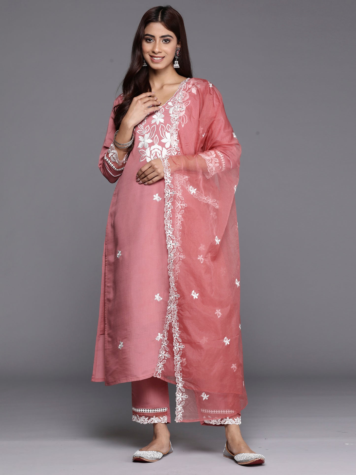 IE Rust Embroidered Straight Kurta Trousers With Dupatta set