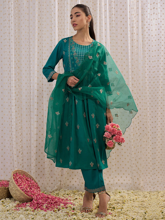 IE Teal Embroidered A-Line Kurta Trousers With Dupatta set