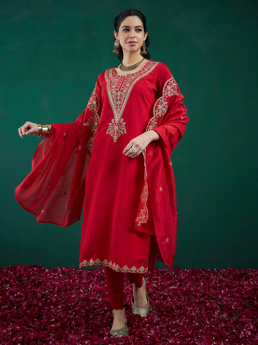 IE Red Embroidered Straight Kurta Trousers With Dupatta set