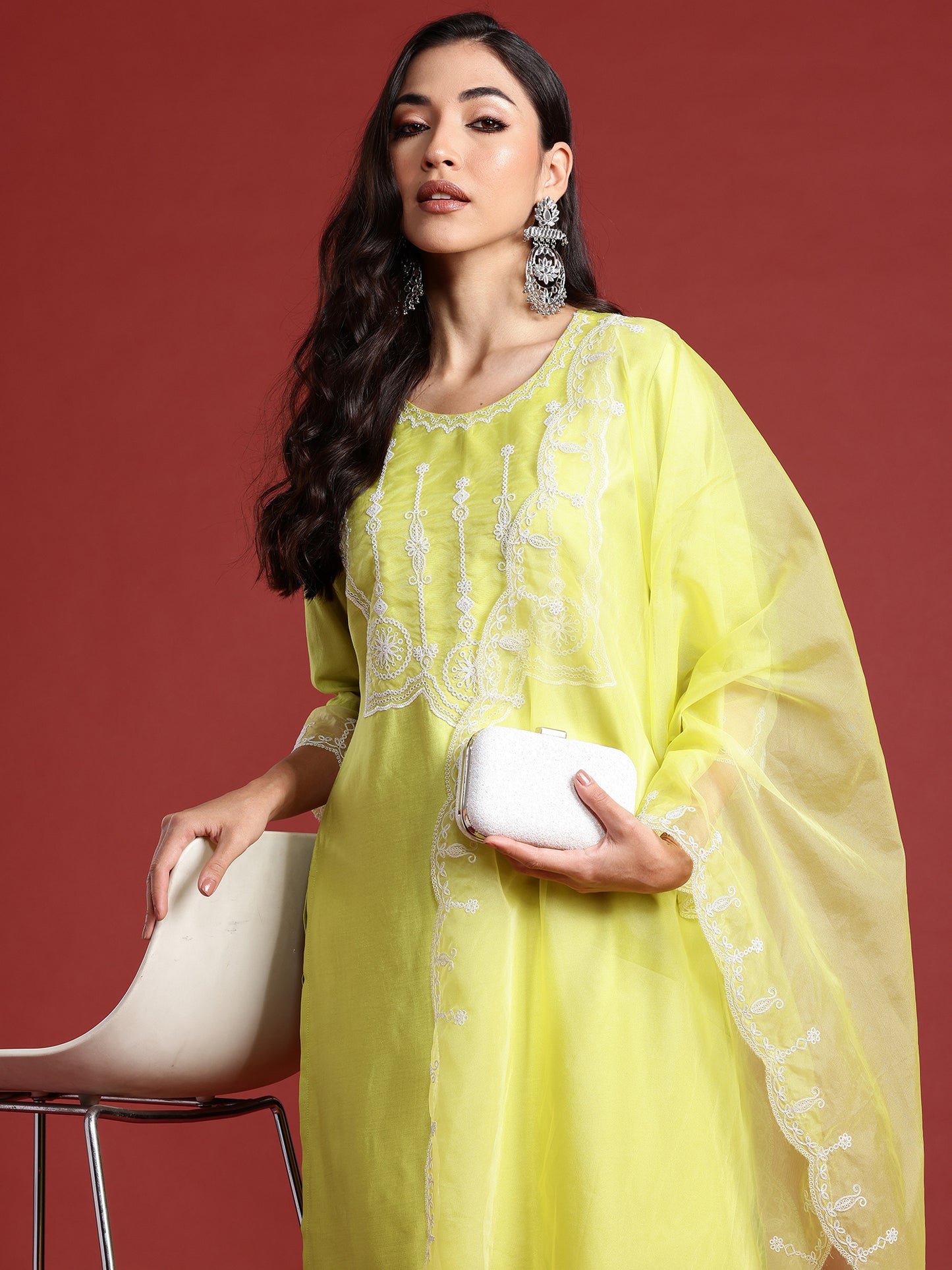 IE Green Embroidered Straight Kurta Trousers With Dupatta set