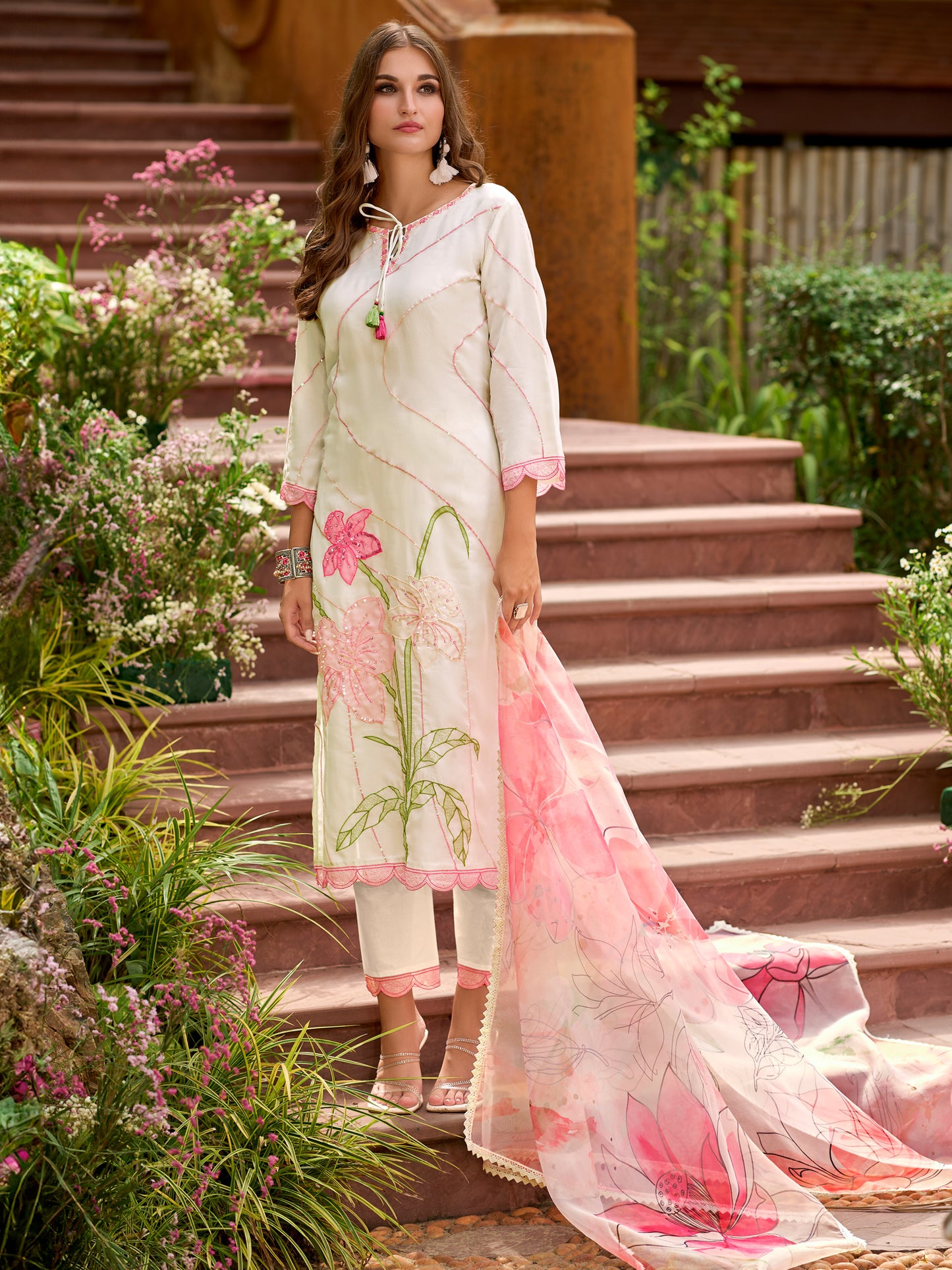 IE White Embroidered Straight Kurta Trousers With Dupatta set