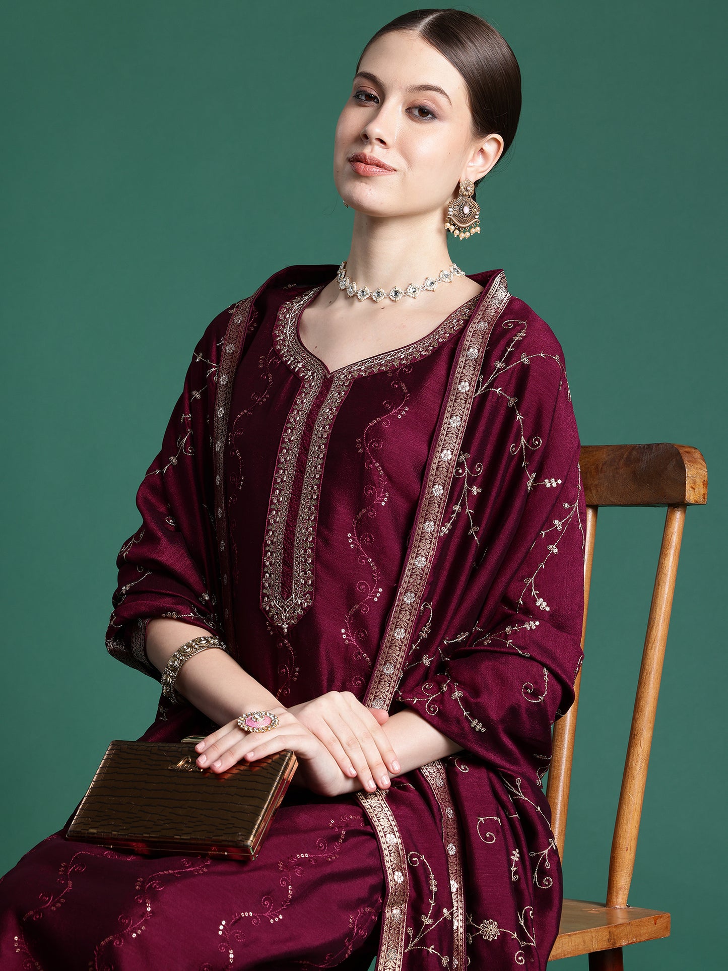 IE Burgundy Embroidered Straight Kurta Trousers With Dupatta set