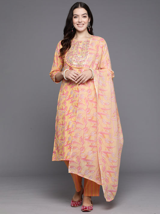 IE Yellow Embroidered Straight Kurta Trousers With Dupatta Set