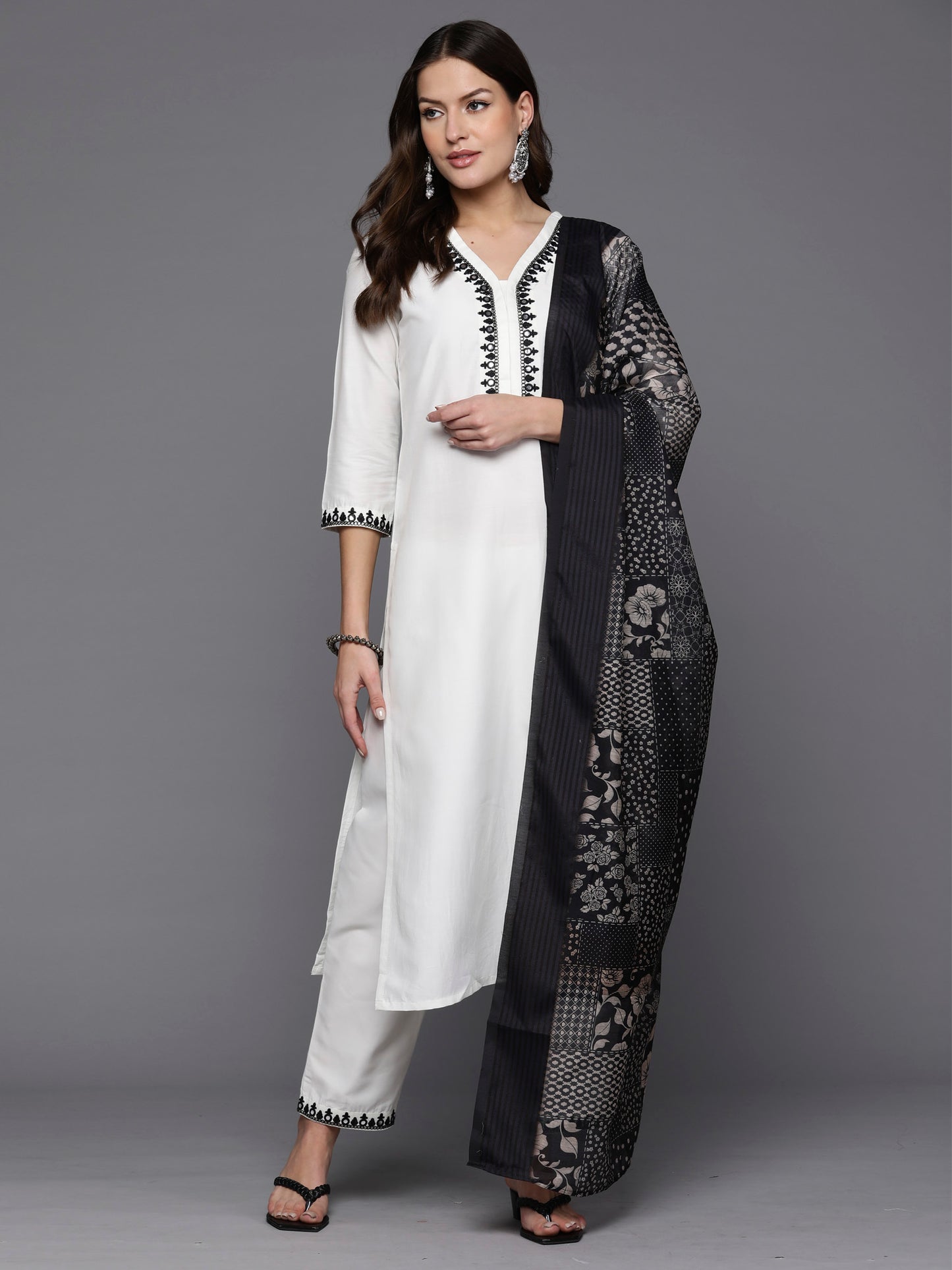 IE White Embroidered Straight Kurta Trousers With Dupatta Set