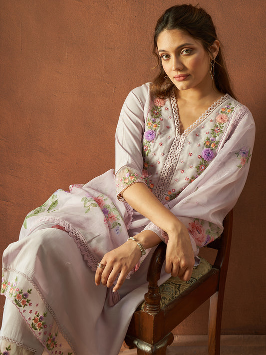 IE Lavender Embroidered Straight Kurta Trousers With Dupatta set