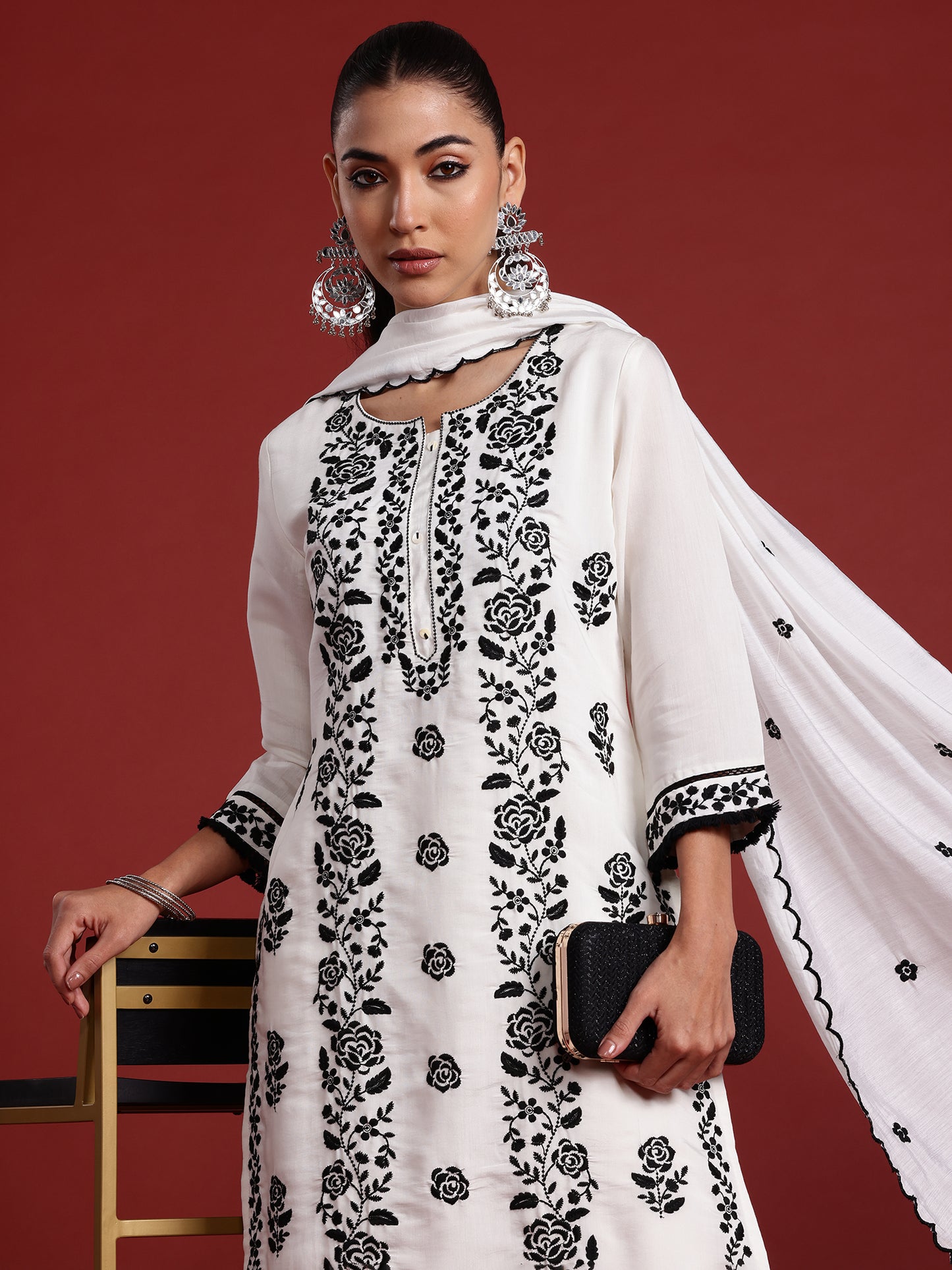 IE White Embroidered Straight Kurta Trousers With Dupatta  Set