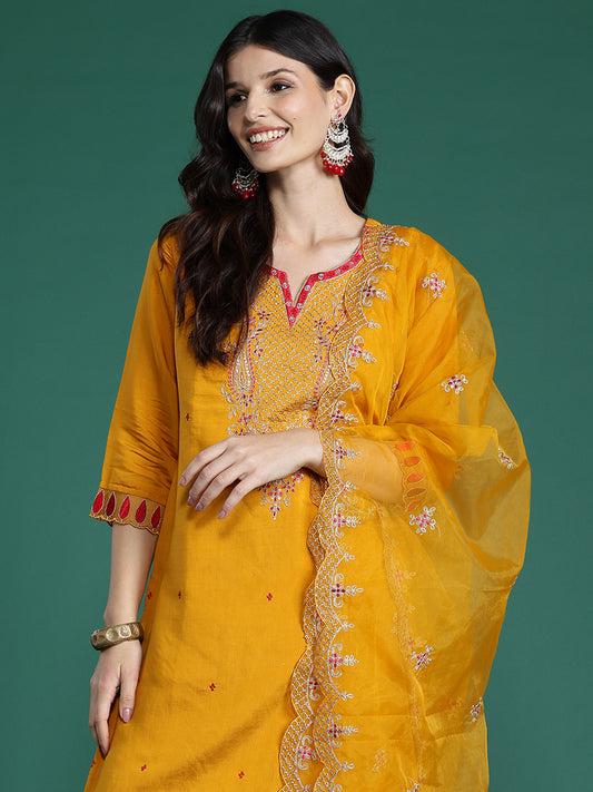 IE Mustard Embroidered Straight Kurta Trousers With Dupatta set