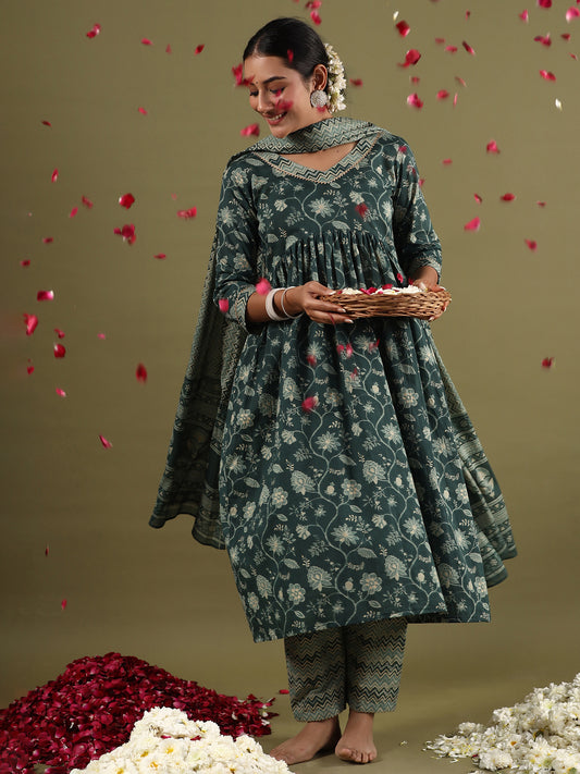 IE Green Printed A-Line Kurta Trousers With Dupatta set