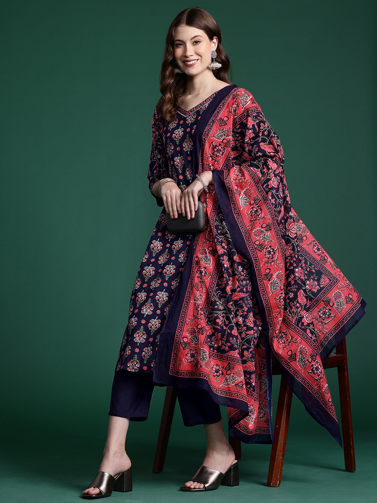 IE Navy Blue Printed A-Line Kurta Trousers With Dupatta set